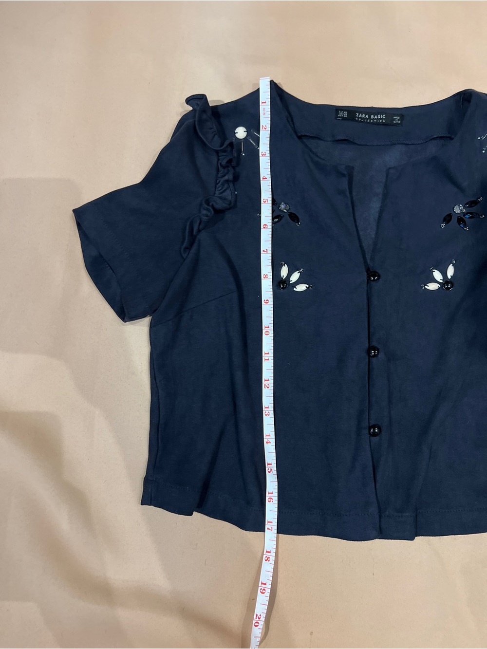 Zara Basic Top XS Black Faux Suede Beaded Ruffle Short Sleeve Coquette Blouse - Picture 5 of 8